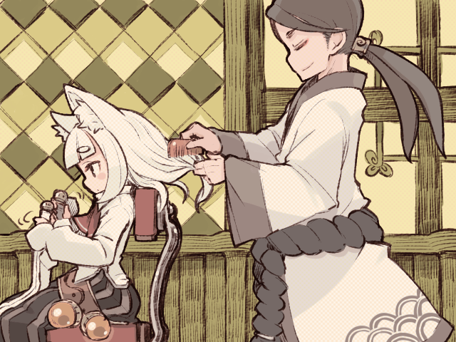 mota, ikurakun (7th dragon), mage (7th dragon), samurai (7th dragon), shishimaru (7th dragon), 7th dragon, 7th dragon (series), 1boy, 1girl, animal ears, brushing hair, cat ears, comb, fox ears, white hair