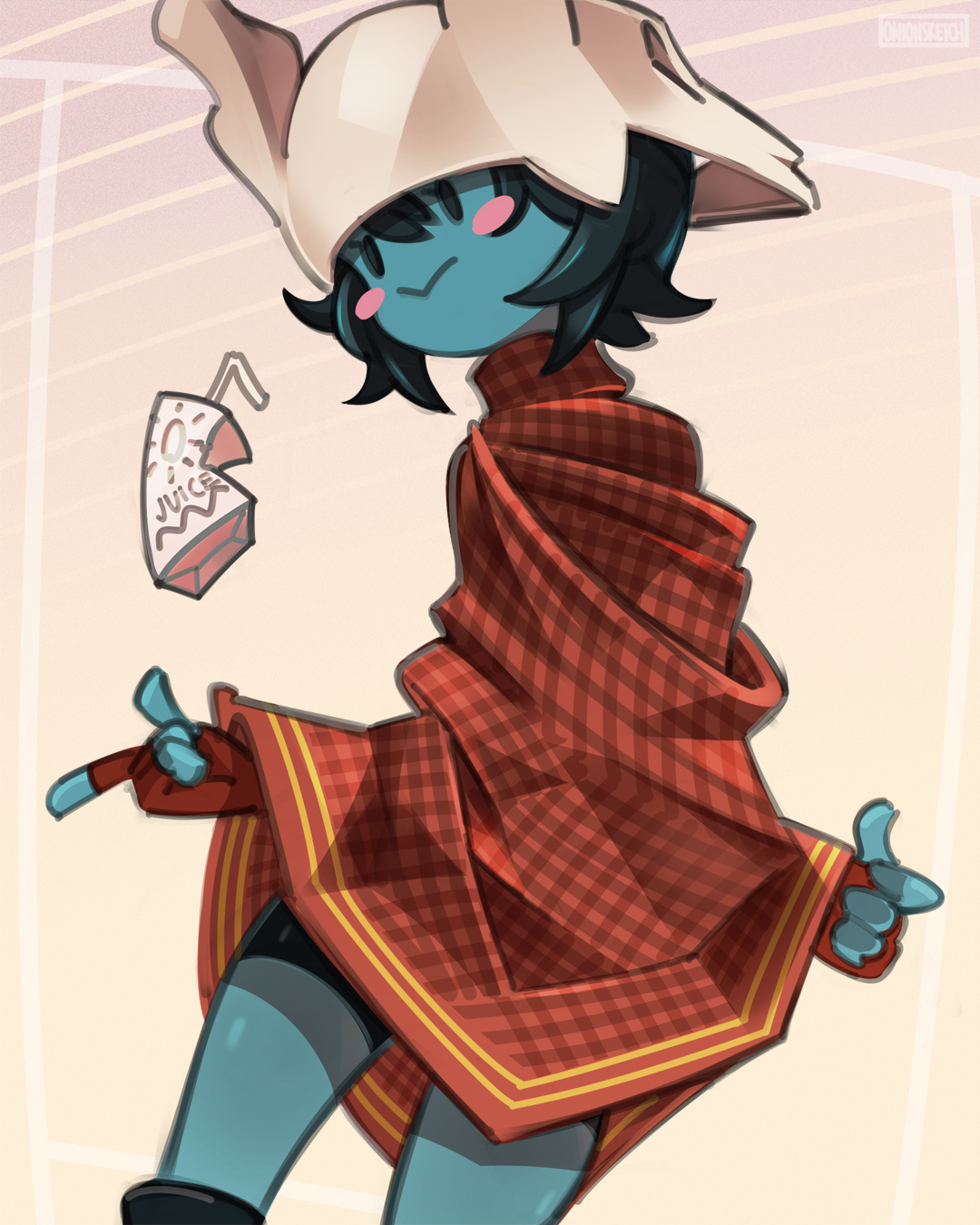 onionsketch, somsnosa, hylics, highres, 1girl, :>, artist name, bike shorts, black hair, blue skin, blush, colored skin, cowboy shot, diagonal-striped background, fake horns, fingerless gloves, floating, floating blush, floating food, floating object, gingham, gingham poncho, gloves, gradient background, hair between eyes, horned headwear, horns, juice box, pointing, red gloves, red poncho, short hair, skull on head, solid oval eyes, solo, striped background, turning head, yellow background