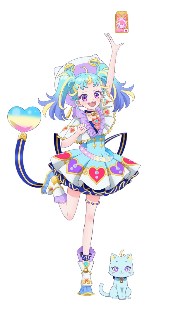myamu, myamu (cat), pretty series, waccha primagi!, official art, second-party source, 1girl, :d, ahoge, animal, animal hat, animalization, arm up, blue dress, blue hair, boots, capelet, cat, cat hat, dress, floating card, full body, hat, heart, heart print, long hair, looking at viewer, multicolored hair, object floating above hand, open mouth, outstretched arm, person and animalization, purple eyes, simple background, smile, solo, standing, standing on one leg, streaked hair, twintails, white background, white boots, white capelet