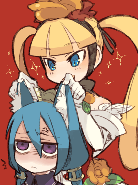 mota, momomeno (7th dragon), princess (7th dragon), sora (7th dragon), 7th dragon, 7th dragon (series), 2girls, animal ears, annoyed, blue hair, fox ears, multiple girls, twintails