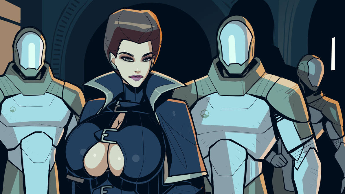 david goujard, dune (series), 1girl, 3boys, armor, breasts, brown hair, capelet, cleavage, cleavage cutout, clothing cutout, earrings, eyeshadow, full armor, helmet, high collar, huge breasts, jewelry, lady jessica, lipstick, looking at viewer, makeup, multiple boys, short hair, underboob cutout, upper body