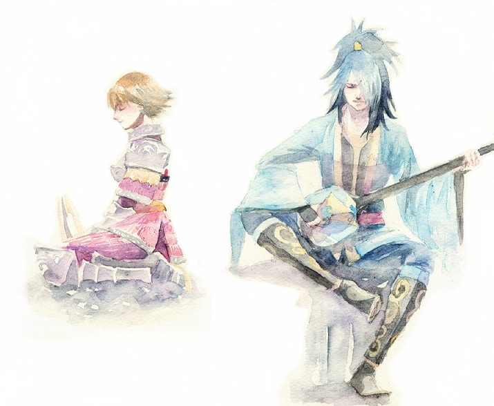 tokico, chosokabe motochika, chousokabe motochika (sengoku musou), tachibana ginchiyo, sengoku musou, sengoku musou 2, bad id, bad pixiv id, 1boy, 1girl, armor, blue hair, brown hair, closed eyes, colored bangs, instrument, long hair, plectrum, shamisen, short hair, sitar