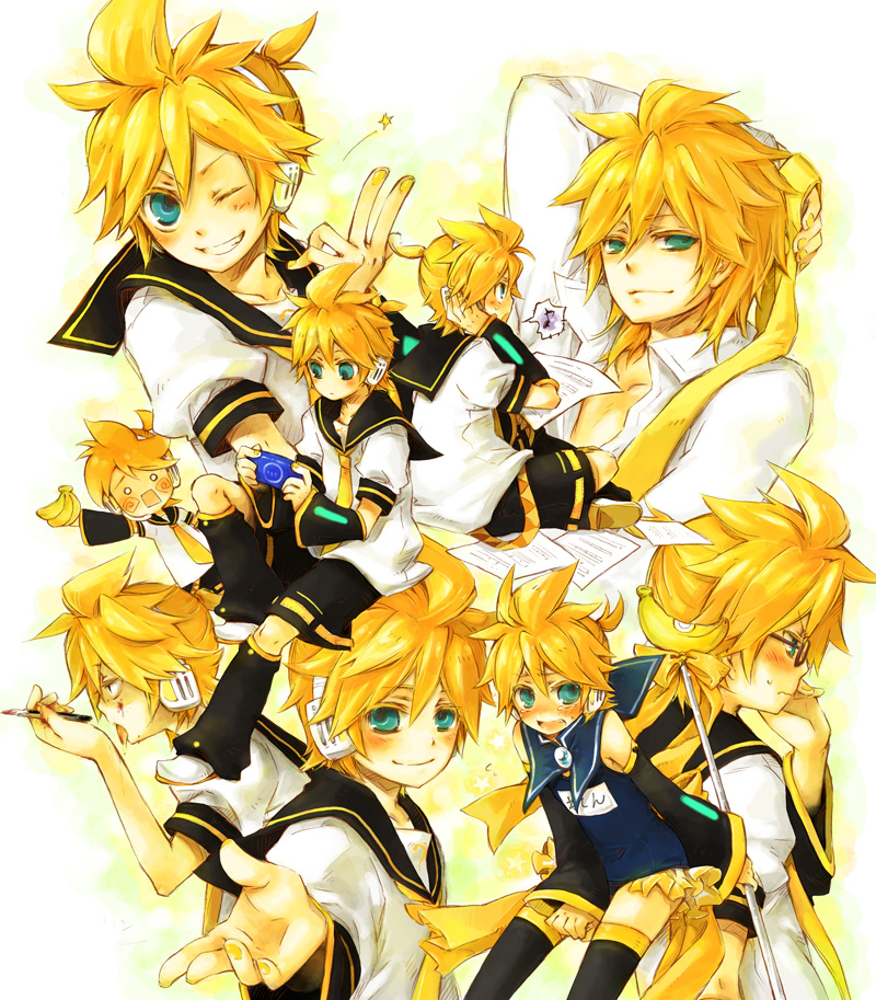 yukkii, hachune miku, hatsune miku, kagamine len, kagamine len no bousou (vocaloid), vocaloid, 1boy, banana, blood, boxcutter, chibi, clone, crossdressing, crossdressing (mtf), food, fruit, glasses, handheld game console, holding, male focus, musical note, one-piece swimsuit, one eye closed, orange theme, parody, playing games, playstation portable, school swimsuit, sheet music, smile, spoken musical note, swimsuit, thighhighs, trap, v, video game, wink, yandere
