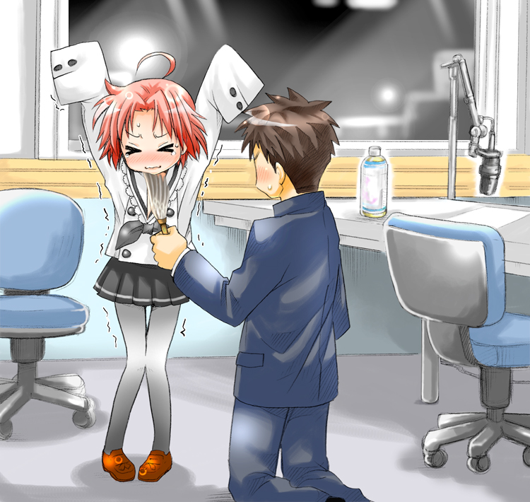 ubizo, kogami akira, shiraishi minoru, lucky star, > <, 00s, 1boy, 1girl, ahoge, blush, chair, closed eyes, kneeling, long sleeves, pantyhose, pink hair, school uniform, serafuku, short hair, skirt, standing, swivel chair, tears, tickling, tickling face, trembling