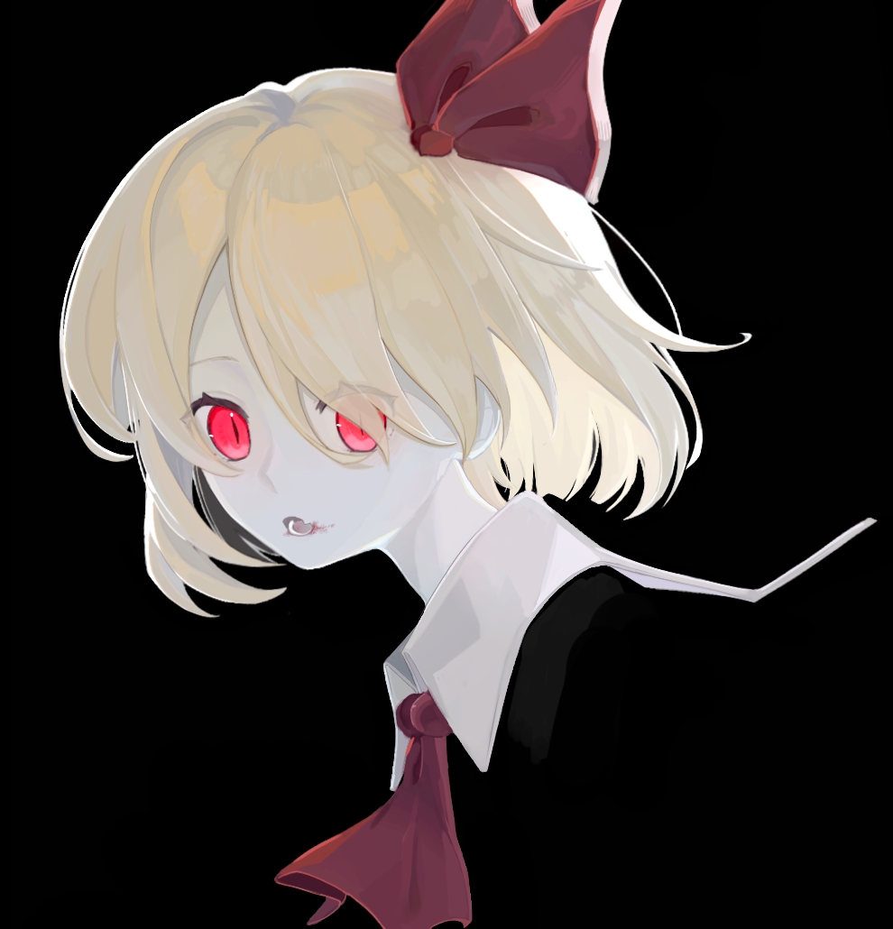 rumia, touhou, commentary request, partial commentary, 1girl, :o, ascot, black background, blending, blonde hair, blood on mouth, collar, eyes visible through hair, fang, hair ribbon, looking at viewer, red ascot, red eyes, red ribbon, ribbon, short hair, simple background, skin fang, solo, uro-hito, white collar