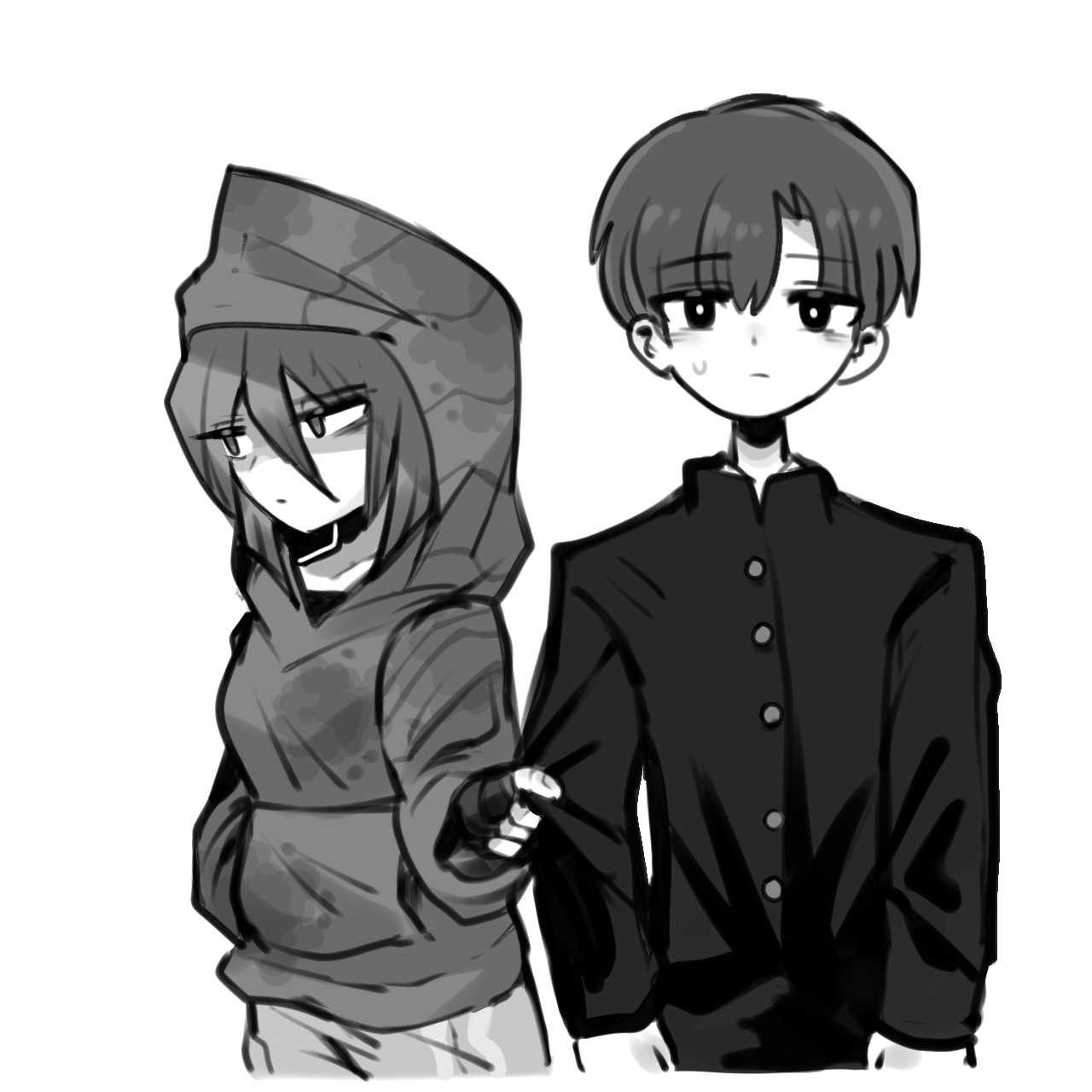 oligogi meoggosipda, original, commentary request, highres, korean commentary, 1boy, 1girl, awkward, black jacket, collared jacket, dirty, dirty clothes, hand in pocket, holding another's arm, hood, hood up, hoodie, jacket, looking at viewer, looking to the side, simple background, standing, sweatdrop, white background