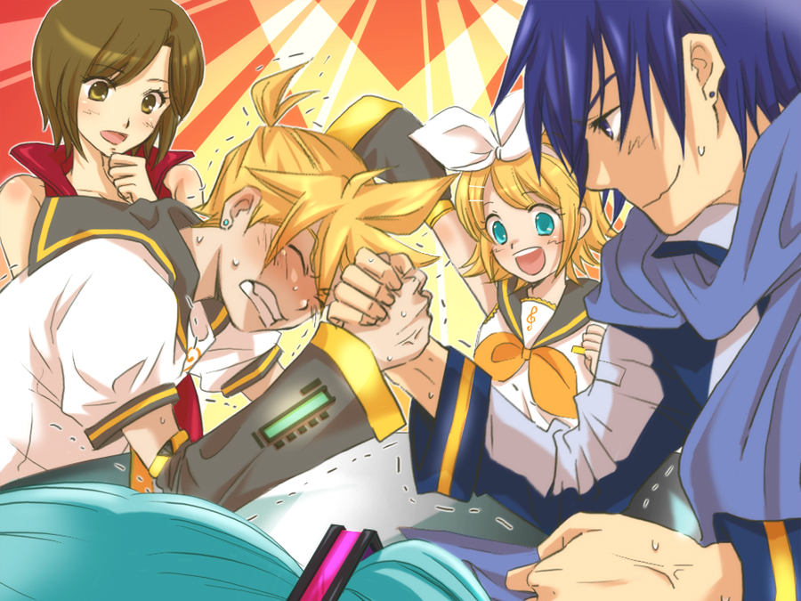 ebimayo, hatsune miku, kagamine len, kagamine rin, kaito (vocaloid), meiko (vocaloid), vocaloid, 2boys, 3girls, arm wrestling, multiple boys, multiple girls, ponytail, short ponytail