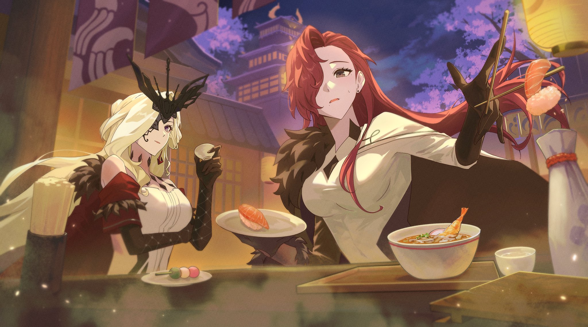 signora (genshin impact), genshin impact, original, highres, 2girls, bare shoulders, black gloves, black mask, blonde hair, bowl, breasts, cape, couple, dress, fish (food), food, fur trim, gloves, hair over one eye, lace-trimmed eyepatch, large breasts, long hair, mask, mask over one eye, mochi, multiple girls, oc x canon, one eye covered, pagoda, plate, red hair, sashimi, shrimp, studded gloves, u s0901