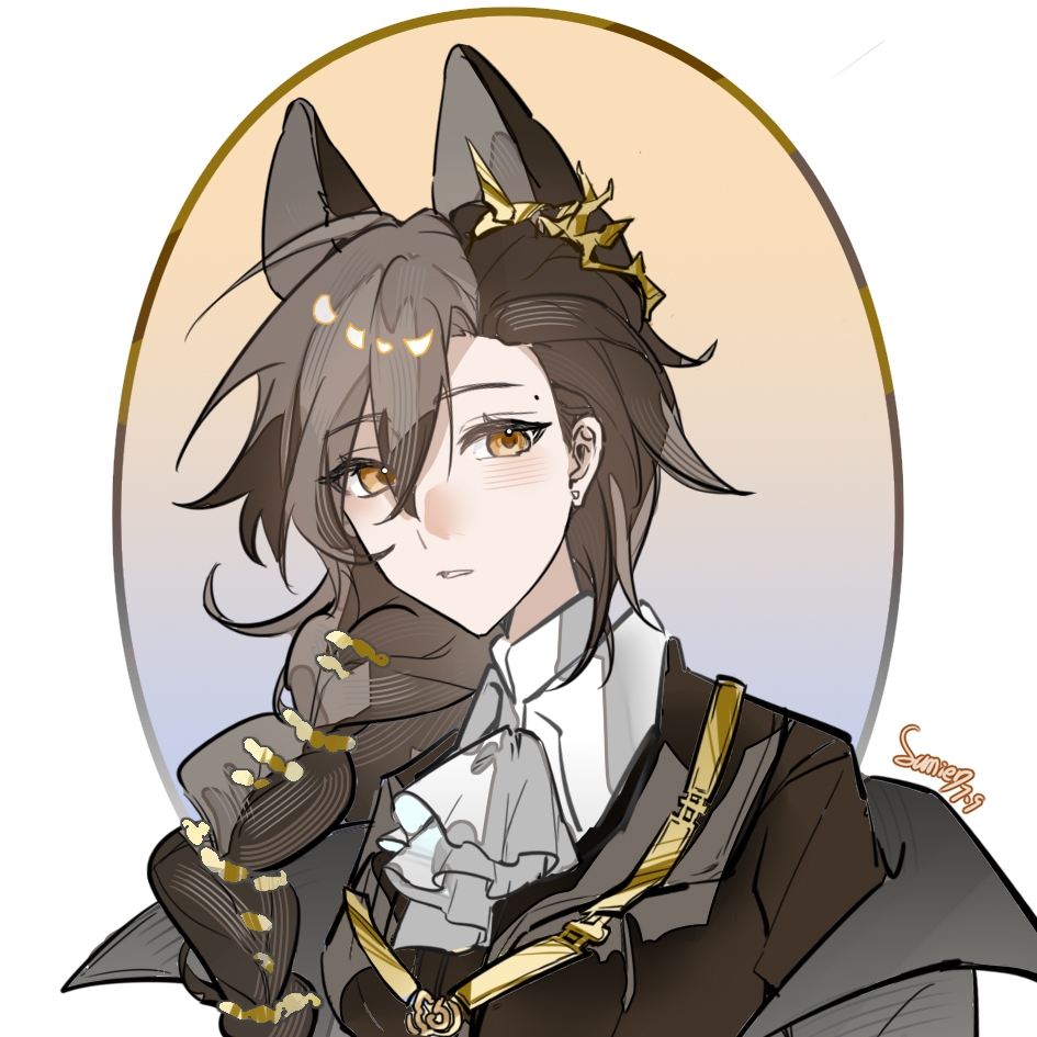 penance (arknights), penance (scribing) (arknights), arknights, chinese commentary, commentary request, 1girl, animal ears, ascot, brown hair, collared shirt, earrings, hair behind ear, hair between eyes, jewelry, light blush, long hair, looking at viewer, mole, mole above eye, parted lips, portrait, ruo70921, shirt, solo, white ascot, white shirt, yellow eyes