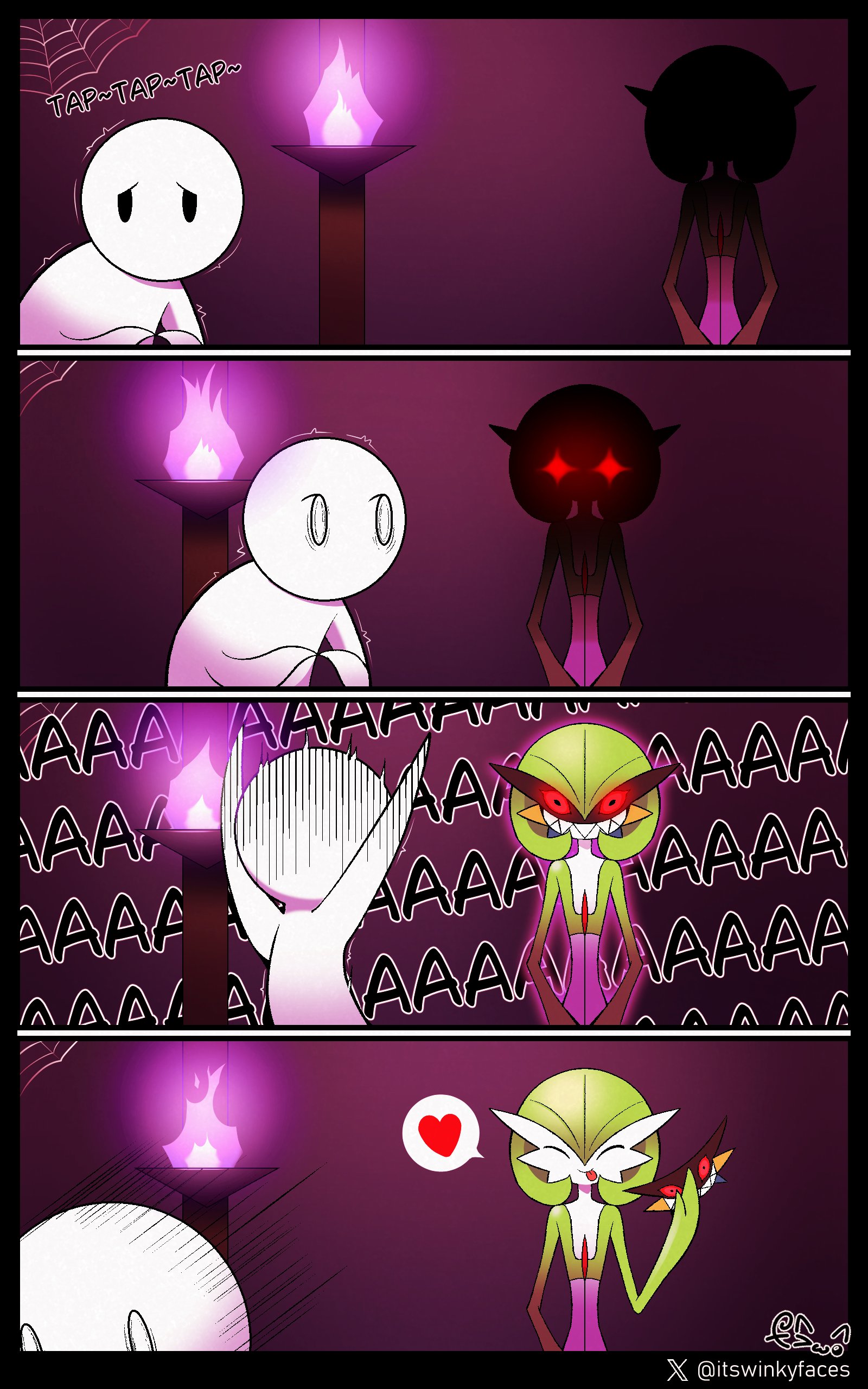winkyfaces, gardevoir, nintendo, pokemon, absurdres, highres, artist name, closed eyes, colored skin, fire, gen 3 pokemon, green skin, heart, holding, holding mask, mask, multicolored skin, pokemon (creature), purple fire, red eyes, scared, screaming, signature, smile, tongue, tongue out, two-tone skin, white skin