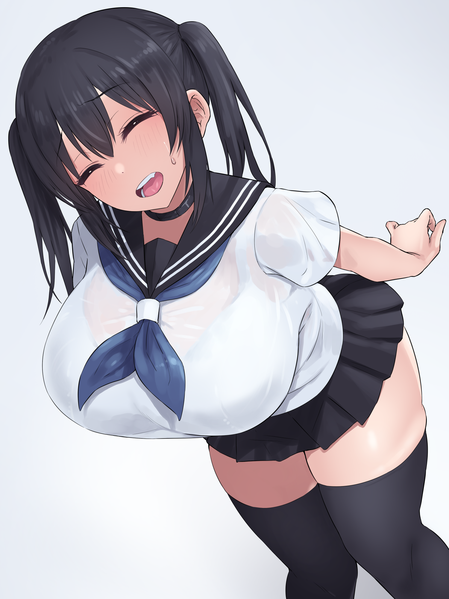natsuishi nana, original, commentary request, highres, variant set, 1girl, black hair, black sailor collar, black skirt, black thighhighs, blush, bow, bra, bra visible through clothes, breasts, closed eyes, grey background, hair bow, large breasts, looking at viewer, open mouth, sailor collar, school uniform, shirt, short sleeves, sidelocks, simple background, skirt, smile, solo, standing, teeth, thighhighs, twintails, underwear, white bra, white shirt