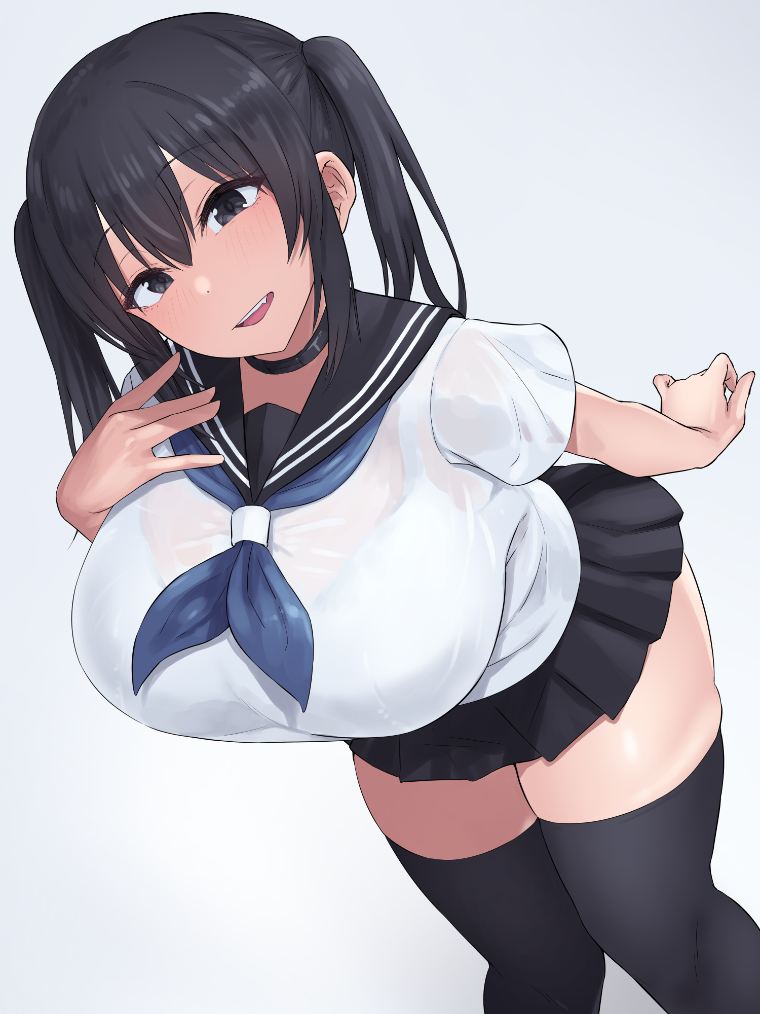 natsuishi nana, original, commentary request, highres, variant set, 1girl, black eyes, black hair, black sailor collar, black skirt, black thighhighs, blush, bow, bra, bra visible through clothes, breasts, grey background, hair bow, large breasts, looking at viewer, open mouth, sailor collar, school uniform, shirt, short sleeves, sidelocks, simple background, skirt, smile, solo, standing, teeth, thighhighs, twintails, underwear, white bra, white shirt