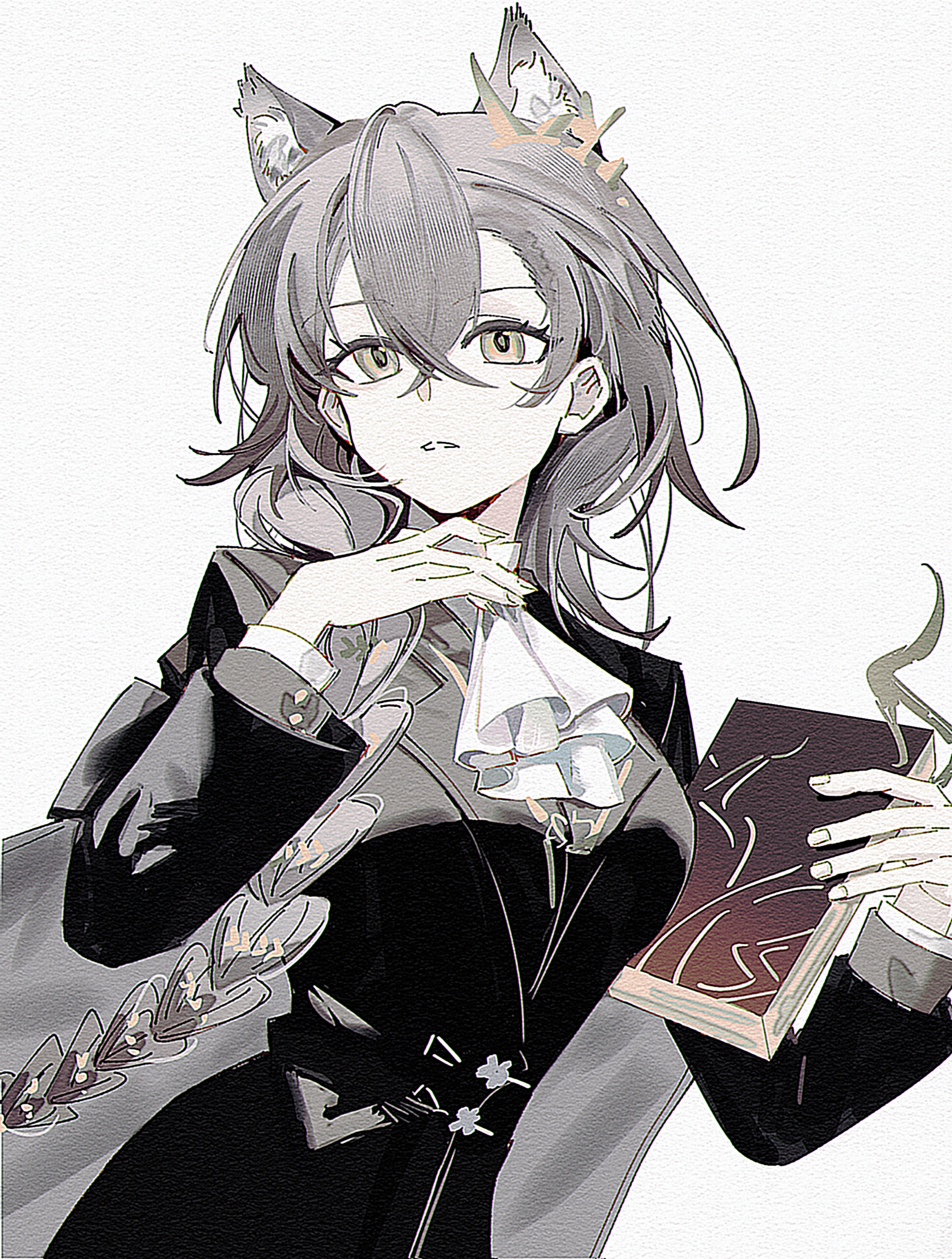 penance (arknights), arknights, absurdres, chinese commentary, commentary request, highres, 1girl, animal ear fluff, animal ears, ascot, black coat, book, coat, crossed bangs, fingernails, grey hair, hair between eyes, hand up, holding, holding book, long hair, long sleeves, pale skin, paper texture, parted lips, rrredamancy, simple background, solo, upper body, white ascot, white background, yellow eyes