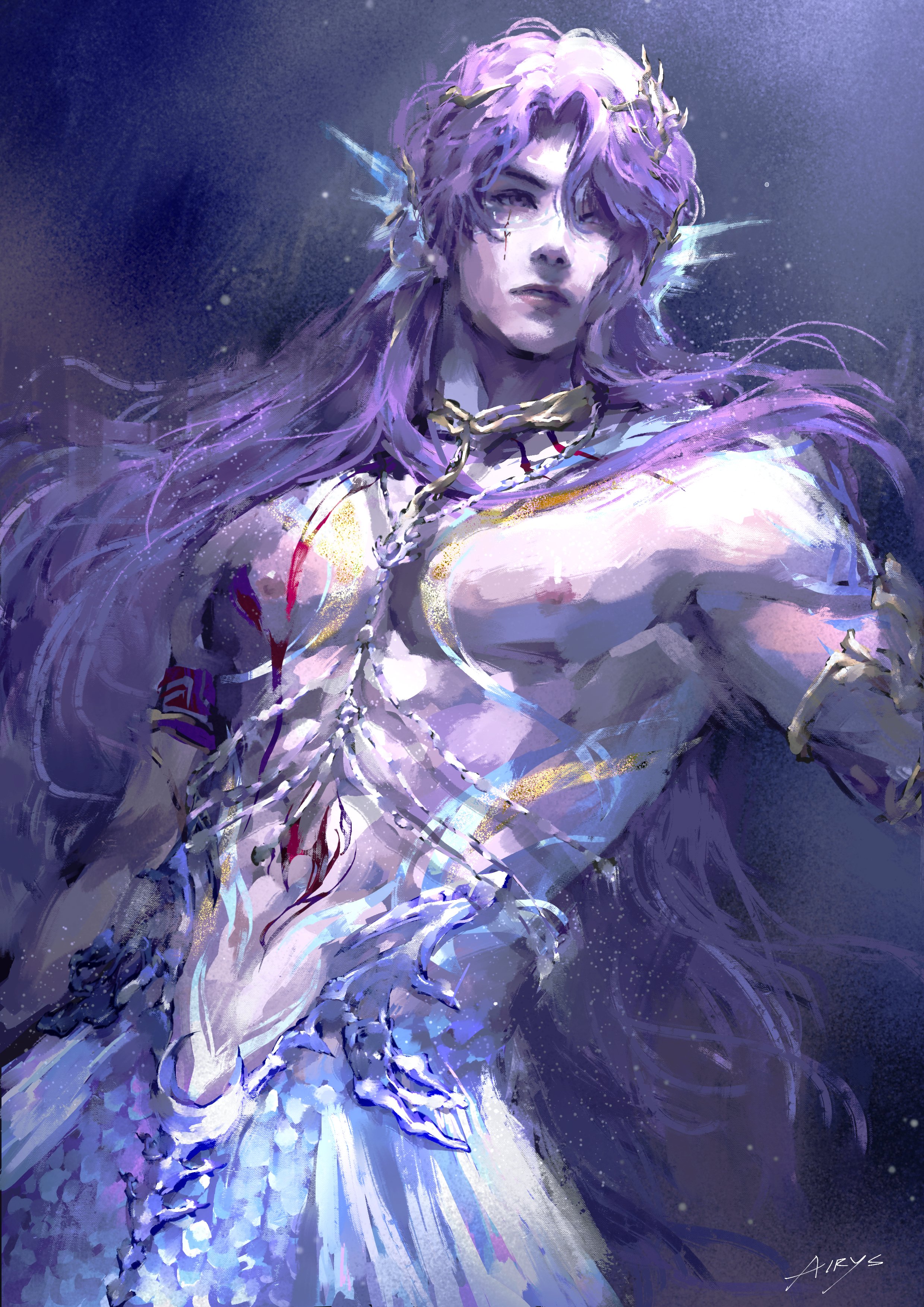 rafayel (love and deepspace), love and deepspace, absurdres, highres, 1boy, airys ooo, armlet, artist name, bare shoulders, closed mouth, fins, fish tail, hair between eyes, head fins, jewelry, long hair, male focus, merman, monster boy, parted bangs, purple eyes, purple hair, solo, tail, topless male, underwater
