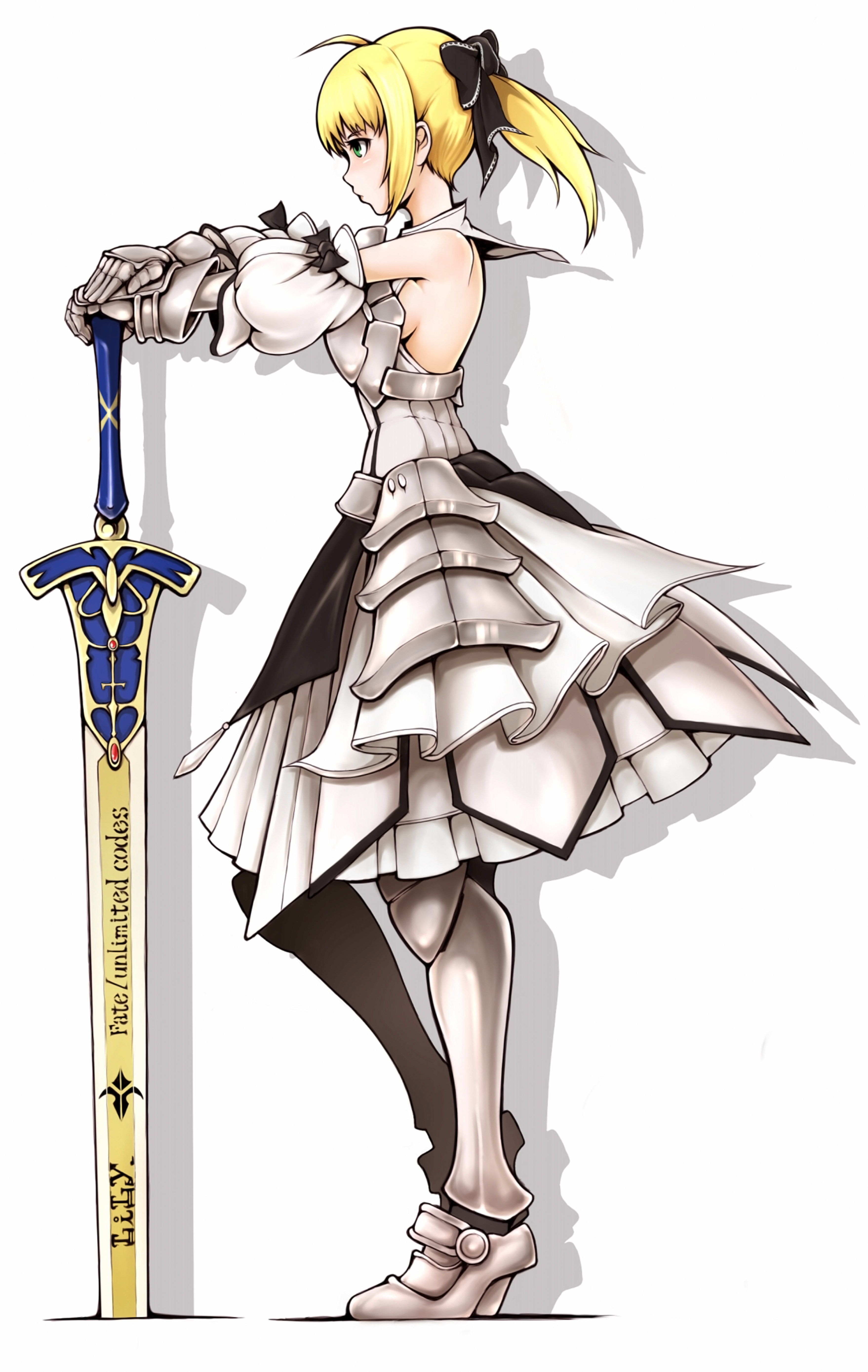 ina (gokihoihoi), artoria pendragon (fate), saber (fate), saber lily, capcom, fate/stay night, fate/unlimited codes, fate (series), absurdres, highres, 00s, 1girl, armor, armored dress, blonde hair, dress, faulds, female focus, hair ribbon, ponytail, ribbon, solo, sword, weapon