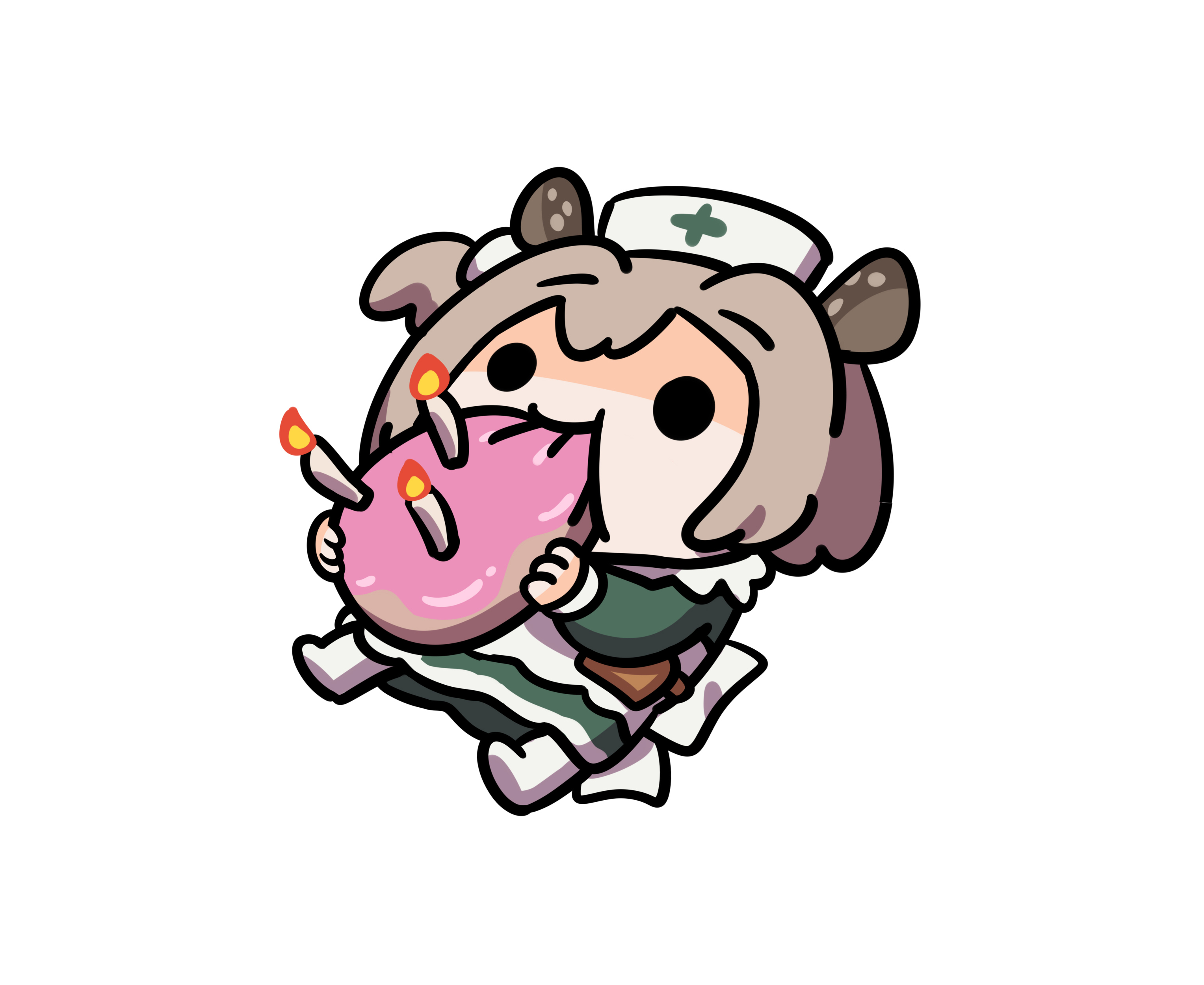 keenbiscuit, nimi nightmare, indie virtual youtuber, absurdres, highres, 1girl, animal ears, apron, brown hair, cake, candle, dress, eating, food, green dress, hat, medium hair, nurse cap, solo, tapir ears, tapir girl, virtual youtuber