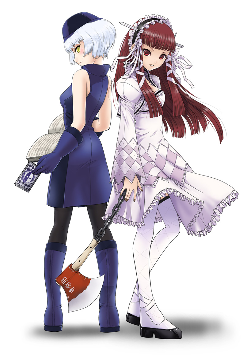 mk (mod0), elizabeth (persona), sawashiro miyuki, yoshino chidori, atlus, persona, persona 3, 2girls, bare shoulders, book, boots, gloves, gothic lolita, legs, lolita fashion, looking back, multiple girls, pantyhose, sleeveless, thighhighs, voice actor connection, yellow eyes