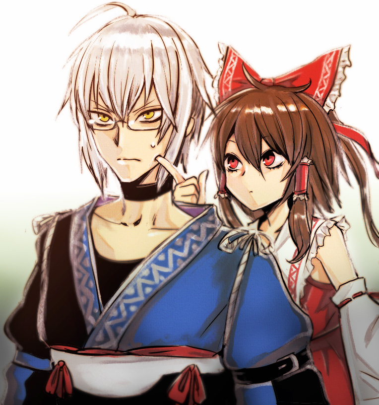 igarashi ran (igatz), igatz, hakurei reimu, morichika rinnosuke, curiosities of lotus asia, touhou, bad id, bad pixiv id, 1boy, 1girl, ahoge, cheek poking, choker, detached sleeves, eyelashes, japanese clothes, miko, poking, red eyes