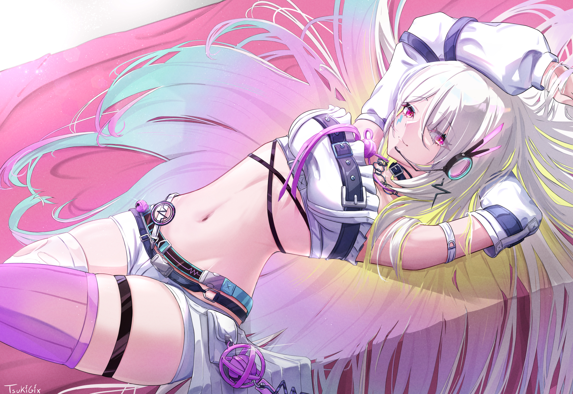 chasing kaleidorider, commentary, english commentary, highres, mixed-language commentary, 1girl, arm strap, armpits, arms up, asymmetrical legwear, bandeau, bare shoulders, belt, belt collar, black belt, breasts, closed mouth, collar, collarbone, colored inner hair, cowboy shot, detached sleeves, earpiece, facial mark, groin, hair between eyes, hakurei (chasing kaleidorider), lightning bolt facial mark, long hair, looking at viewer, lying, medium breasts, midriff, mismatched legwear, multicolored hair, navel, on back, on bed, pink eyes, pouch, purple thighhighs, rainbow hair, short shorts, shorts, sidelocks, signature, skindentation, smile, solo, thigh strap, thighhighs, torn clothes, torn thighhighs, tsukigix, very long hair, white bandeau, white hair, white shorts, white sleeves, white thighhighs