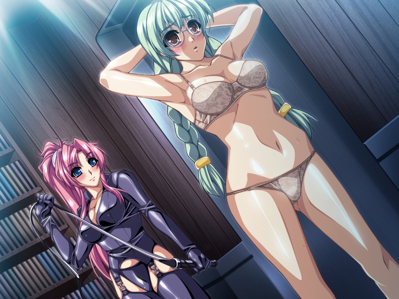 ino (magloid), kuroishi ringo, monica brian, nora stuart, liquid (company), ryoujoku guerilla gari, ryoujoku guerilla gari 3, game cg, non-web source, 00s, 2girls, armpits, arms behind head, arms up, bdsm, blue eyes, blue panties, blush, book, bookshelf, bra, braid, breasts, brown eyes, cleavage, dominatrix, dutch angle, garter belt, garter straps, glasses, green hair, grey panties, hip focus, lace, lace bra, lace panties, large breasts, leather, lingerie, long hair, multiple girls, open mouth, panties, pink hair, shiny clothes, smile, sweat, thighhighs, twin braids, underwear, underwear only, whip, whip marks, whipping, wide hips