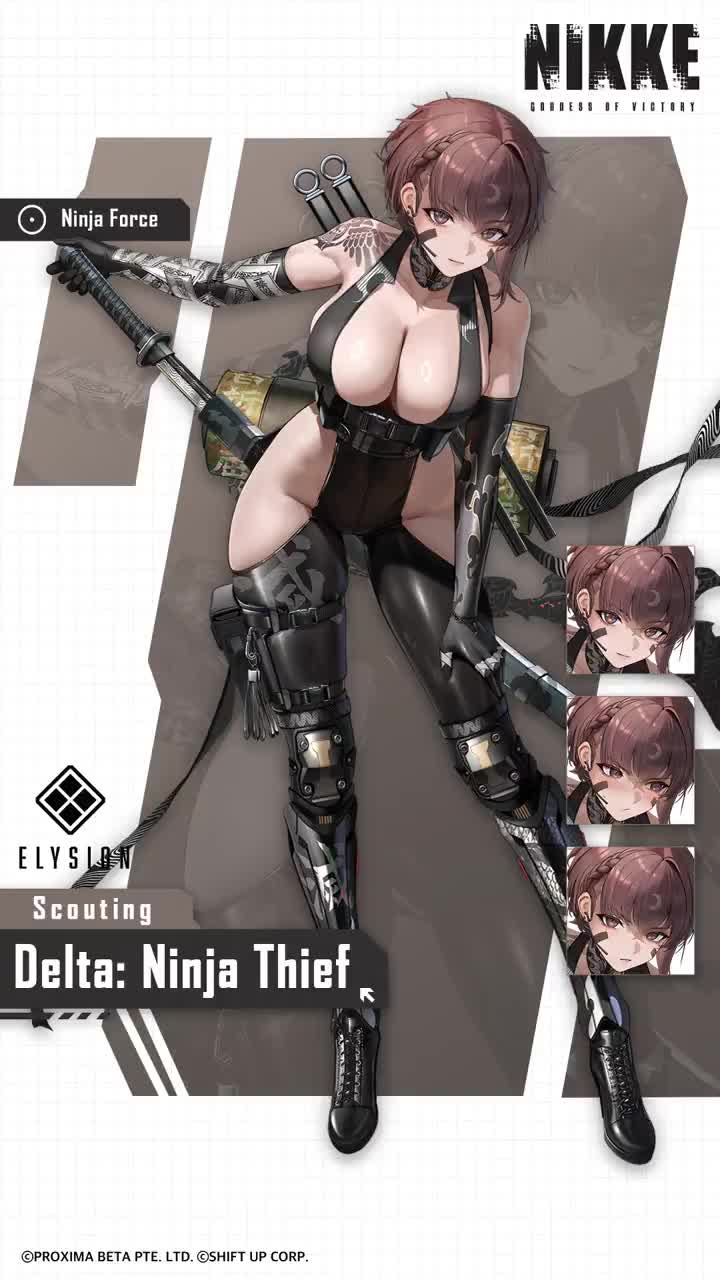 delta (nikke), delta (ninja thief) (nikke), goddess of victory: nikke, animated, audible speech, english audio, highres, official art, tagme, video, 1girl, arm tattoo, black boots, black gloves, boots, bouncing breasts, braid, breasts, brown eyes, brown hair, character name, clothing cutout, curvy, elbow gloves, gloves, gun, hair between eyes, high heel boots, high heels, hip vent, holding, holding gun, holding weapon, impossible clothes, large breasts, light machine gun, logo, looking at viewer, m249 saw, machine gun, official alternate costume, revealing clothes, ryona, sheath, sheathed, shiny skin, short hair, sword, talking, tattoo, torn clothes, weapon, wide hips, zoom layer