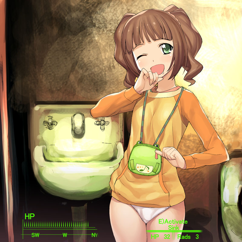 takatsuki yayoi, fallout, fallout 3, idolmaster, a1, bag, bathroom, blush, brown hair, drink, fake screenshot, flat chest, green eyes, handbag, health bar, laughing, panties, parody, poverty, raglan sleeves, saliva, short hair, sink, solo, toilet, twintails, underwear, white panties, wink