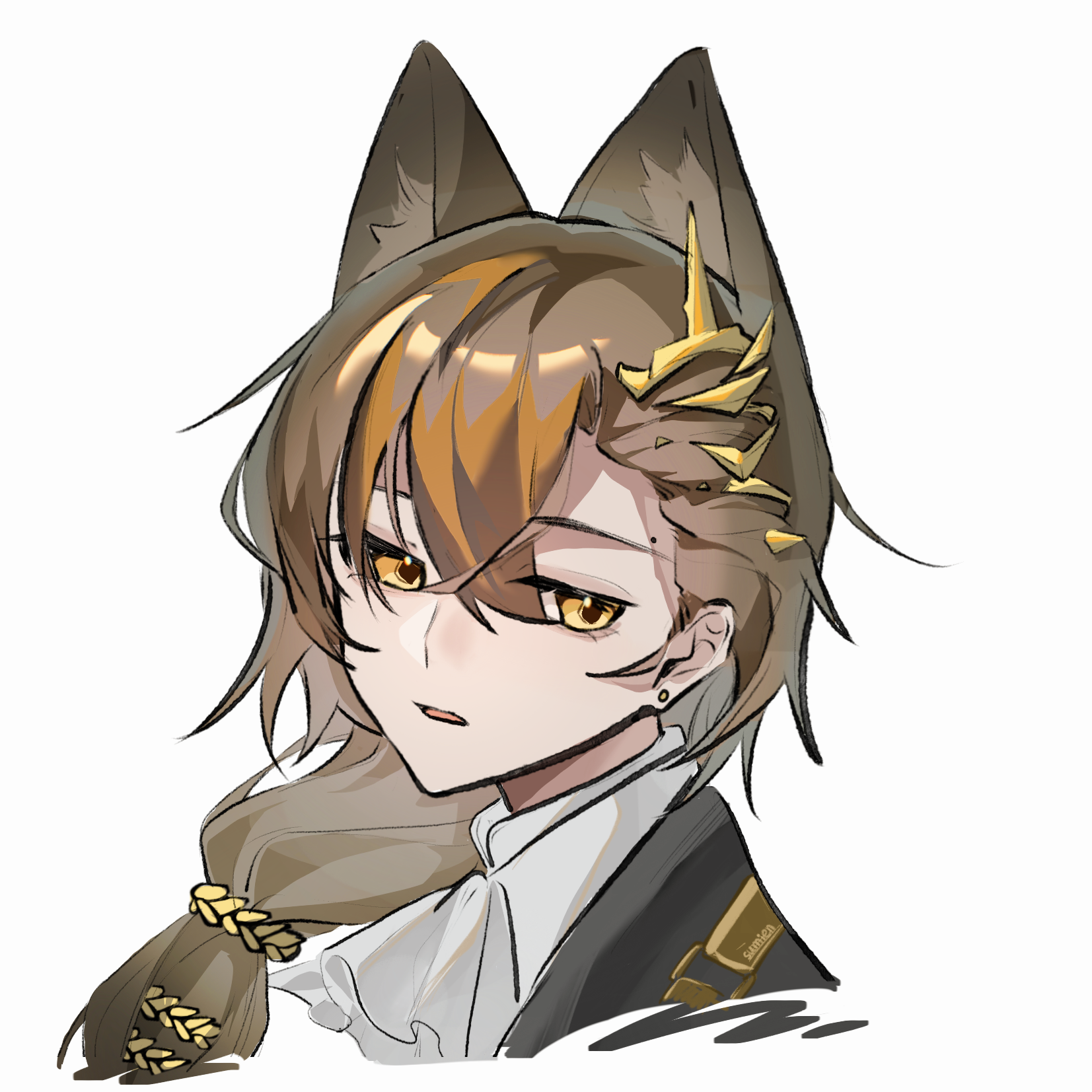 penance (arknights), arknights, chinese commentary, commentary request, highres, 1girl, animal ears, ascot, brown hair, collared shirt, cropped shoulders, earrings, hair behind ear, hair between eyes, jewelry, long hair, looking back, mole, mole above eye, parted lips, ruo70921, shirt, simple background, solo, white ascot, white shirt, yellow eyes