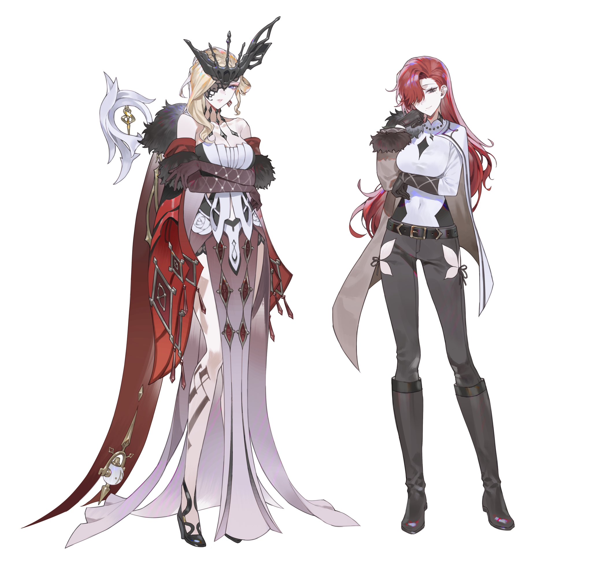 signora (genshin impact), genshin impact, original, highres, 2girls, bare shoulders, belt, black belt, black boots, black mask, blonde hair, boots, breasts, butterfly mask, delusion (genshin impact), dress, eye mask, fur trim, gloves, lace-trimmed eyepatch, large breasts, long hair, long sleeves, mask, mask over one eye, multiple girls, red hair, shirt, simple background, u s0901, white shirt