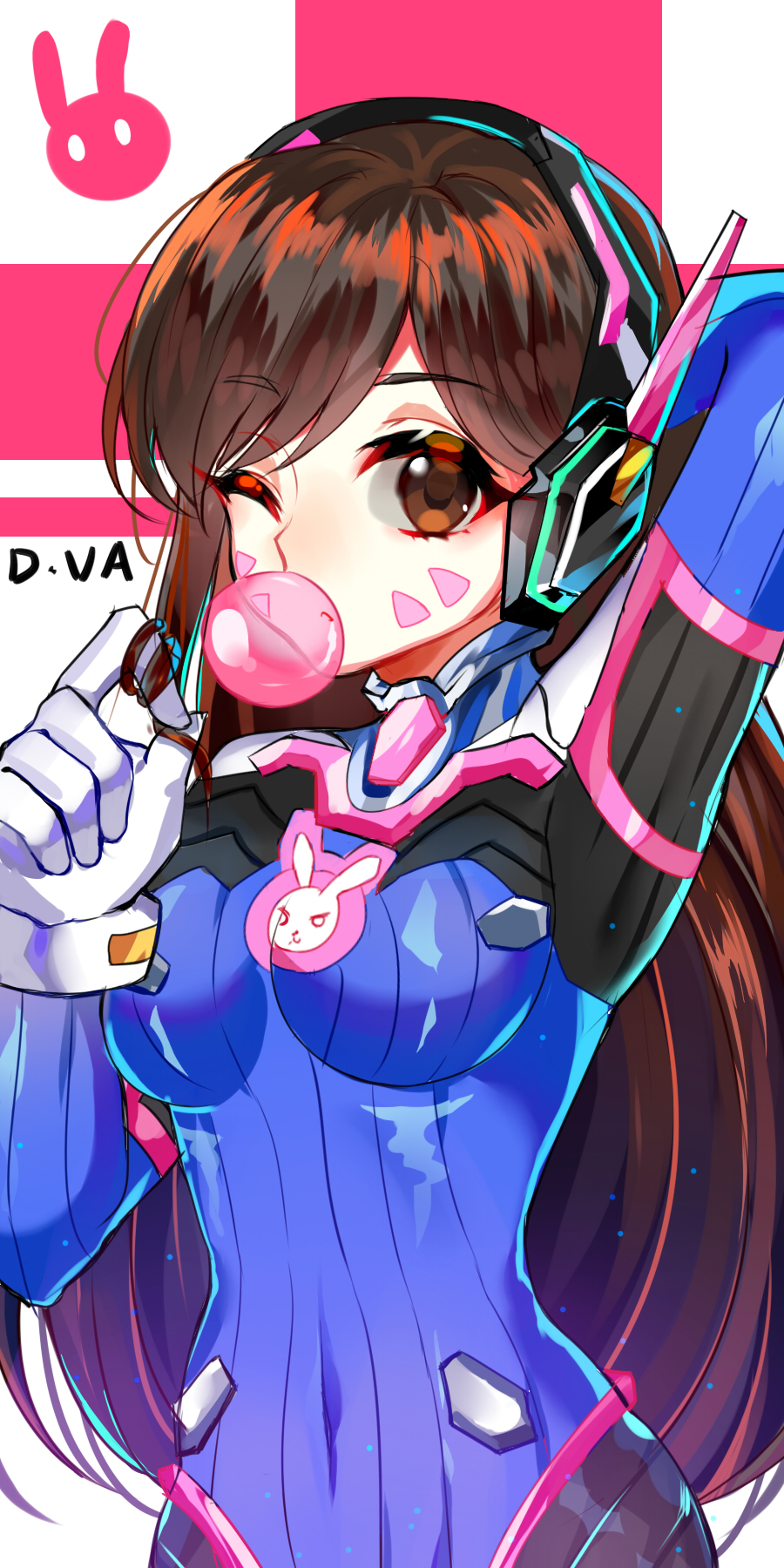 huasha, d.va (overwatch), overwatch, highres, 1girl, blowing bubble gum, blowing bubbles, bodysuit, breasts, brown eyes, brown hair, chewing gum, facial mark, headphones, looking at viewer, medium breasts, one eye closed, solo, whisker markings