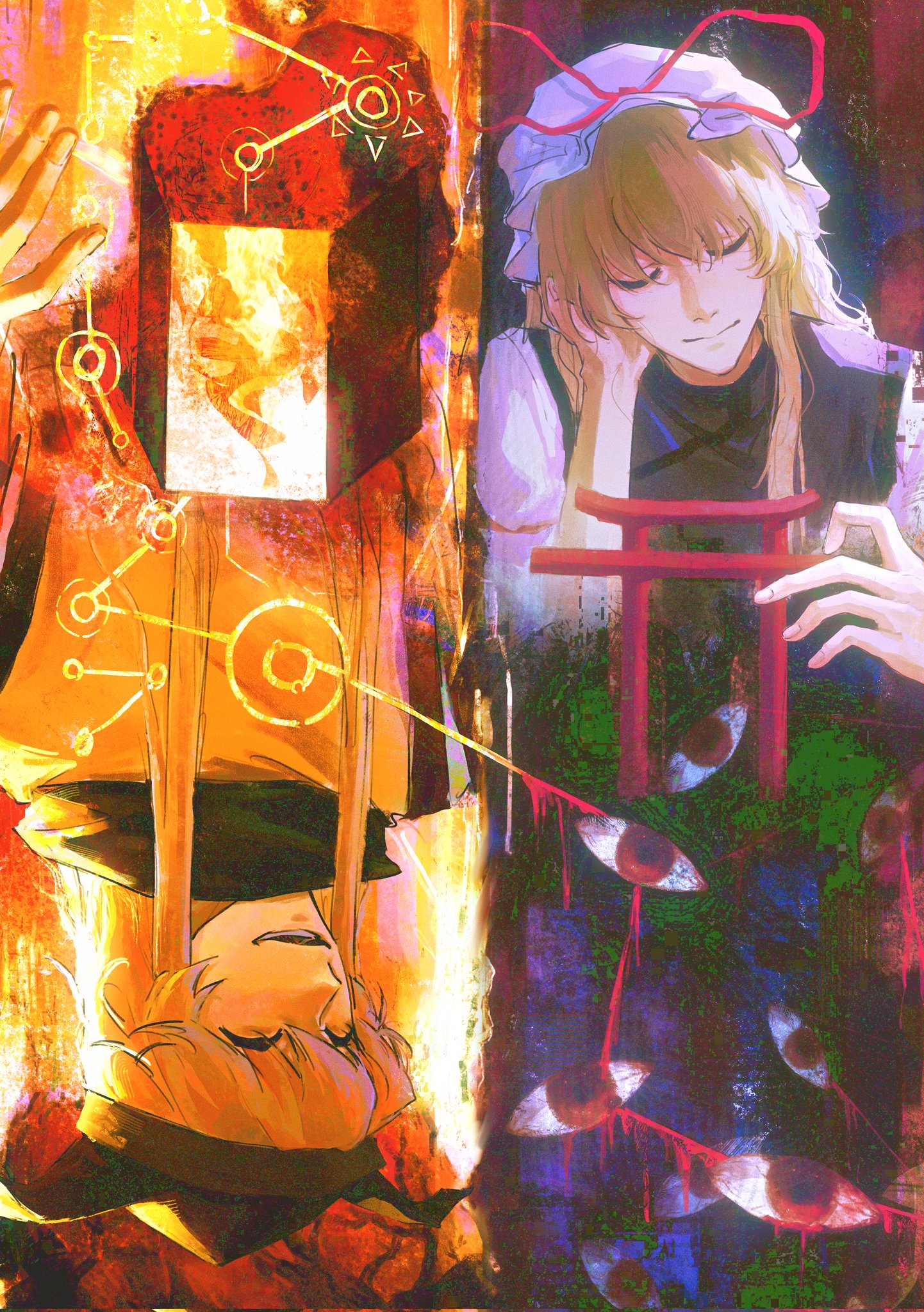 matara okina, yakumo yukari, touhou, chinese commentary, commentary, highres, 2girls, 320tbsyc, :d, ^ ^, black hat, blonde hair, closed eyes, closed mouth, constellation print, disembodied eye, door, gap (touhou), hand on own cheek, hand on own face, hat, hat ribbon, head rest, long hair, mob cap, multiple girls, open mouth, orange tabard, purple tabard, red ribbon, ribbon, rotational symmetry, sidelocks, smile, tabard, torii, upper body, white hat