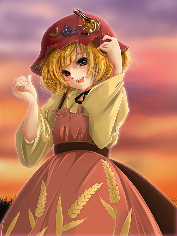kubozuka pikurou, aki minoriko, touhou, 1girl, bird, blonde hair, dusk, female focus, food, fruit, grapes, hat, ribbon, short hair, solo, sparrow, sparrow (bird)