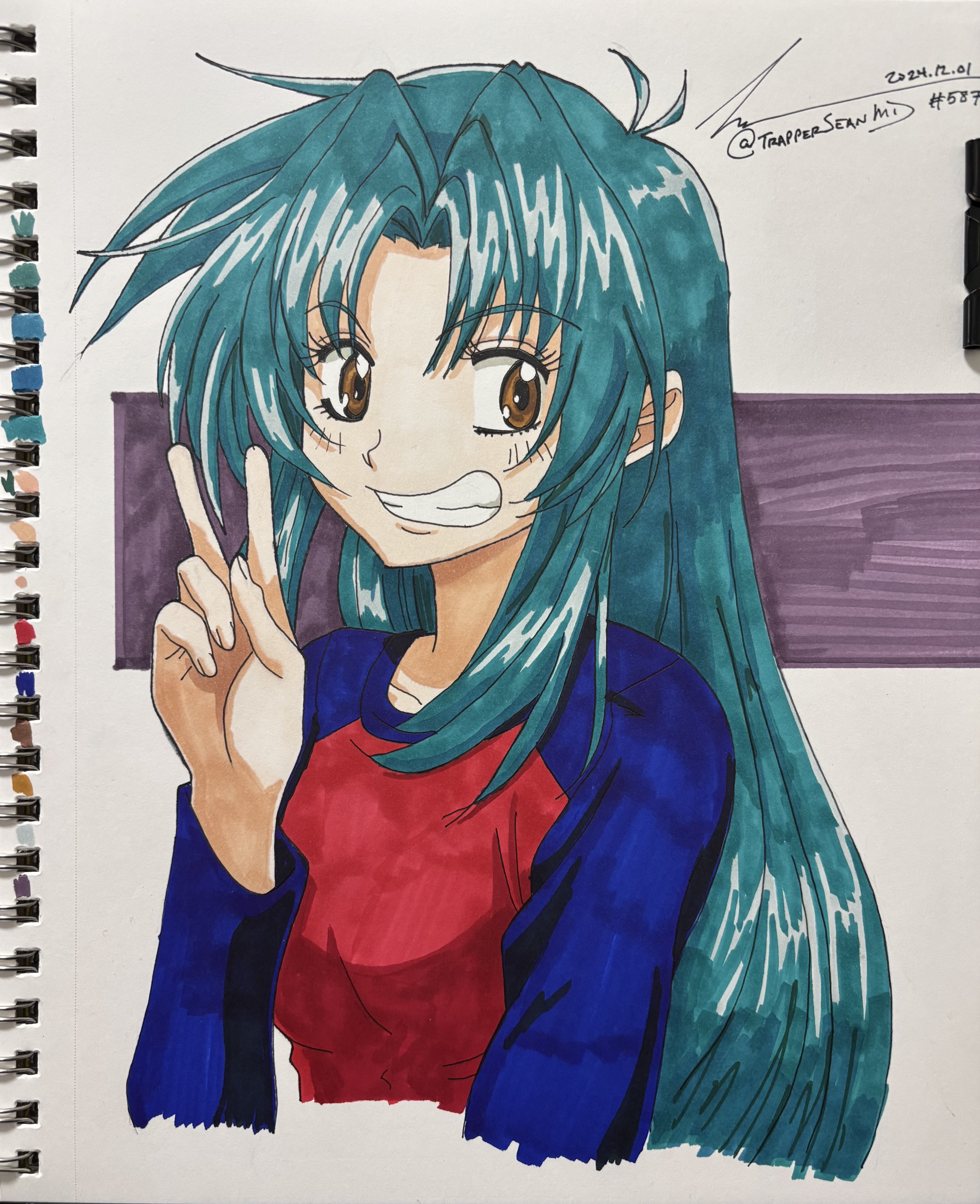 chidori kaname, full metal panic!, absurdres, highres, marker (medium), traditional media, 1girl, allansfirebird, artist name, blue hair, blush, breasts, brown eyes, hair intakes, long hair, long sleeves, looking at viewer, medium breasts, multicolored shirt, open mouth, smile, solo, v
