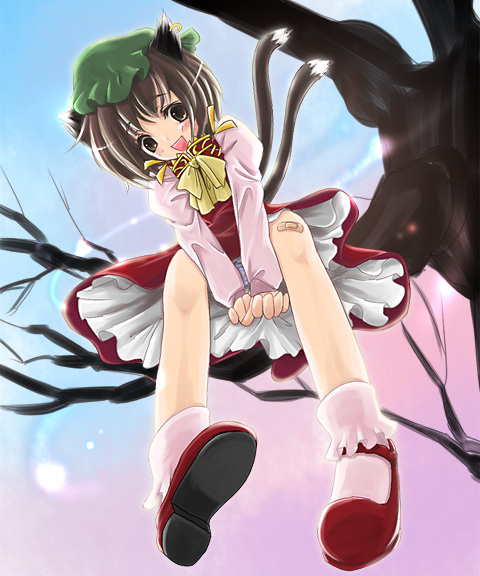 kubozuka pikurou, chen, touhou, 1girl, animal ears, bandaid, bandaid on knee, bandaid on leg, bobby socks, brown hair, cat ears, cat girl, cat tail, earrings, female focus, from below, full body, in tree, jewelry, red shoes, shoes, short hair, sitting, sitting in tree, socks, solo, tail, tree