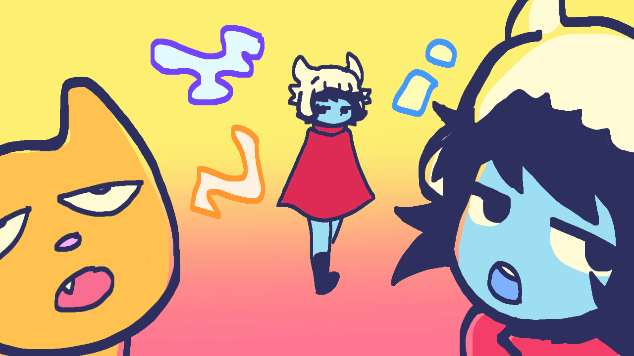 somsnosa, wayne (hylics), hylics, animated, animated gif, commentary, english commentary, looping animation, 1boy, 1girl, animal ears, animal nose, animalization, black boots, black hair, blue skin, boots, cat, cat ears, colored skin, english text, fake horns, fang, gradient background, horned headwear, horns, hylics 2, jitome, kandyoki, multiple views, no pants, red poncho, short hair, skull on head, talking, walk cycle, walking, yellow skin