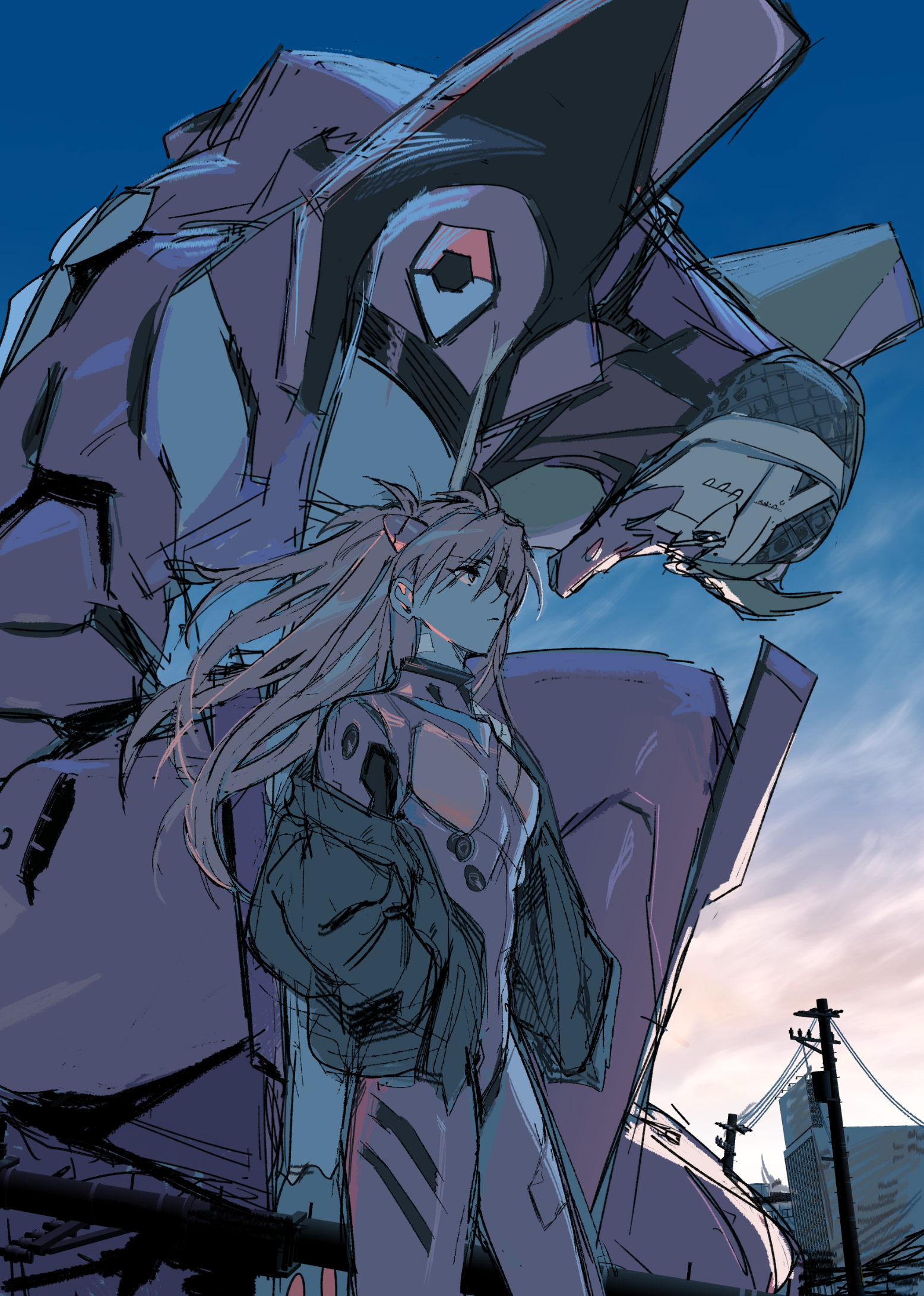 initial e, eva 02, souryuu asuka langley, neon genesis evangelion, rebuild of evangelion, commentary request, highres, 1girl, bodysuit, brown hair, closed mouth, cloud, cowboy shot, dawn, evangelion (mecha), expressionless, eyepatch, floating hair, grey jacket, hair between eyes, hand in pocket, jacket, long hair, looking ahead, mecha, mecha pilot suit, morning, pale color, plugsuit (evangelion), robot, sketch, solo, utility pole, wind