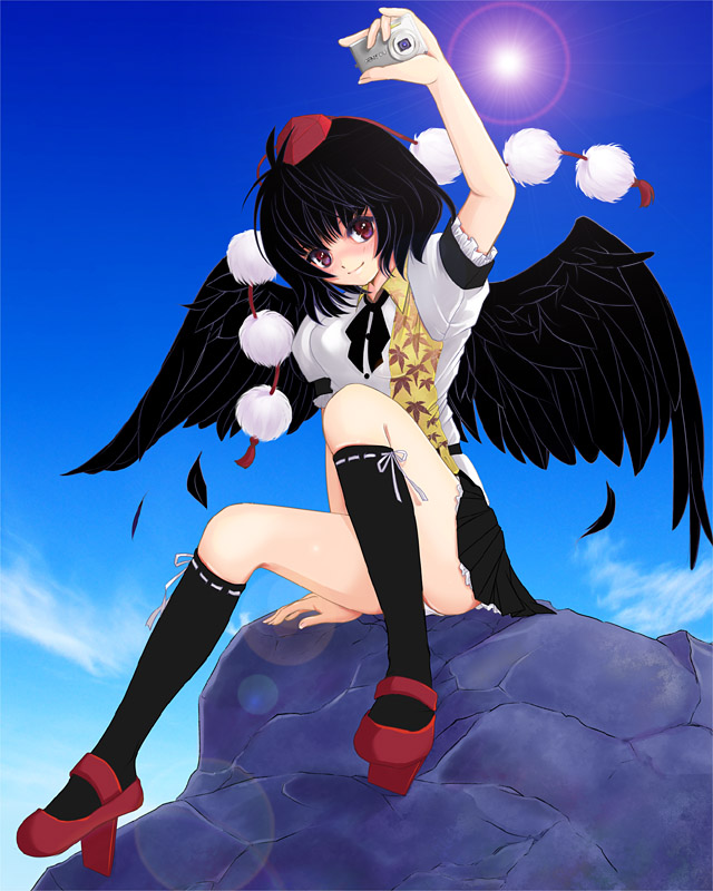 kubozuka pikurou, shameimaru aya, touhou, 1girl, black hair, black wings, camera, female focus, geta, hat, lens flare, looking at viewer, panties, red eyes, short hair, socks, solo, tengu-geta, tokin hat, underwear, wings