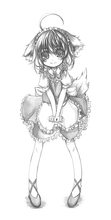 kurona, inu sakuya (nejikirio), izayoi sakuya, touhou, 1girl, ahoge, animal ears, dog ears, dog tail, female focus, full body, greyscale, kemonomimi mode, maid, monochrome, solo, tail