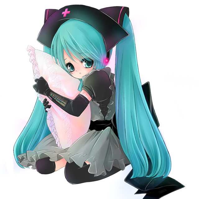 kubozuka pikurou, hatsune miku, vocaloid, green eyes, green hair, hugging object, long hair, nurse, pillow, pillow hug, solo, thighhighs, twintails, very long hair