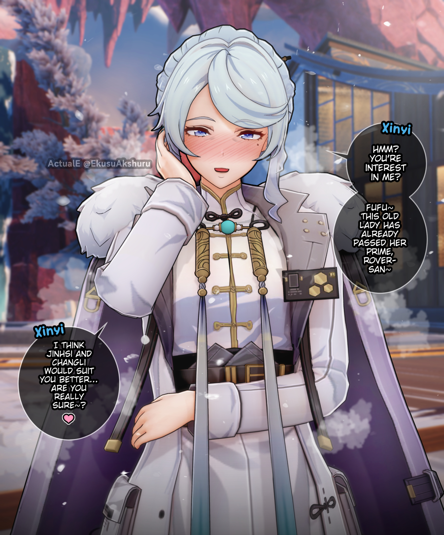 actualekusu, xinyi (wuthering waves), wuthering waves, highres, 1girl, blush, chinese clothes, chinese hairpin, coat, fur-trimmed coat, fur trim, hair extensions, hair ornament, hairpin, hand on own chin, mature eyes, white coat, white eyes, white hair