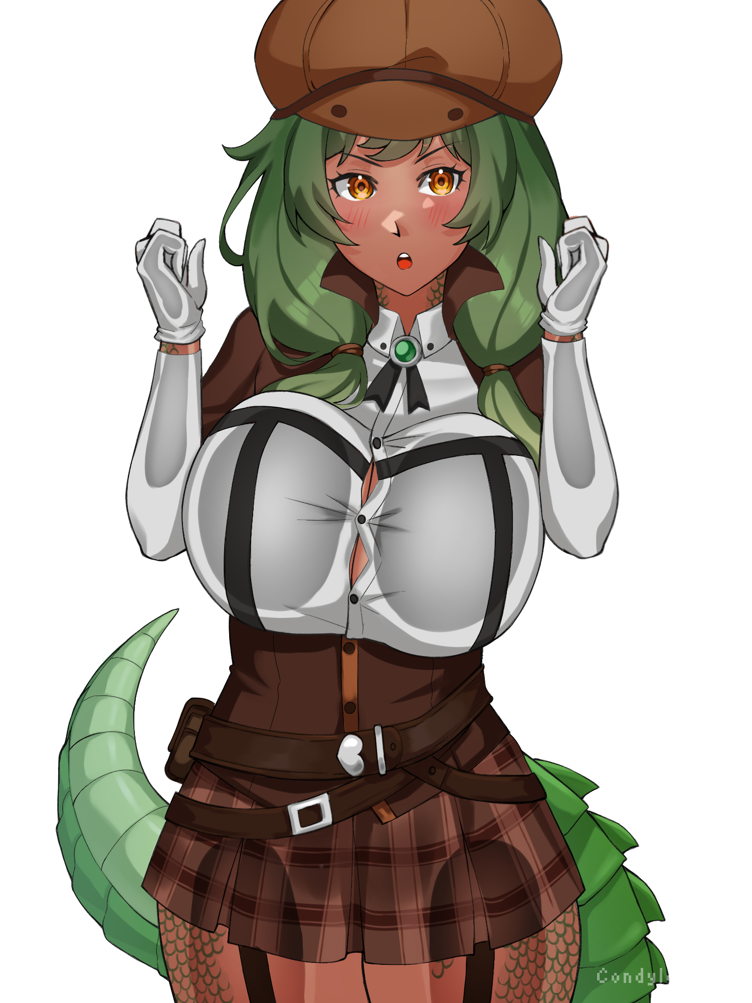 condylonucla, original, commission, commissioner upload, highres, 1girl, against glass, alligator girl, breast press, breasts, breasts on glass, crocodilian tail, dark-skinned female, dark skin, detective, green hair, hat, large breasts, looking at viewer, scales, signature, tail, vita (teuthidan), yellow eyes