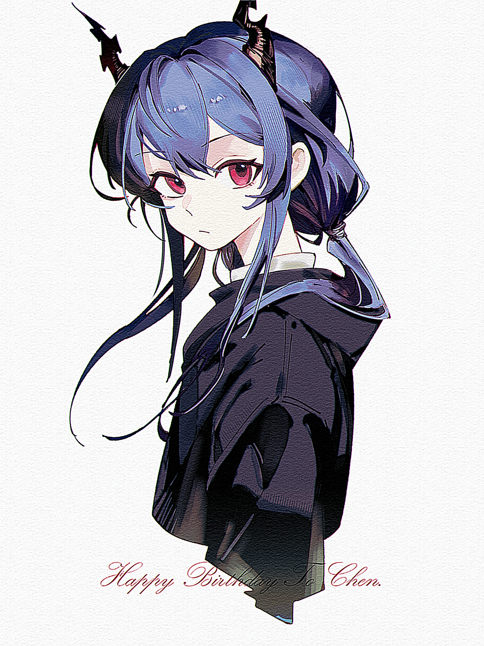 ch'en (arknights), arknights, absurdres, commentary request, highres, 1girl, black jacket, brown horns, closed mouth, cropped torso, hair tie, happy birthday, hood, hood down, hooded jacket, horns, jacket, long hair, looking at viewer, paper texture, purple hair, red eyes, rrredamancy, simple background, solo, white background