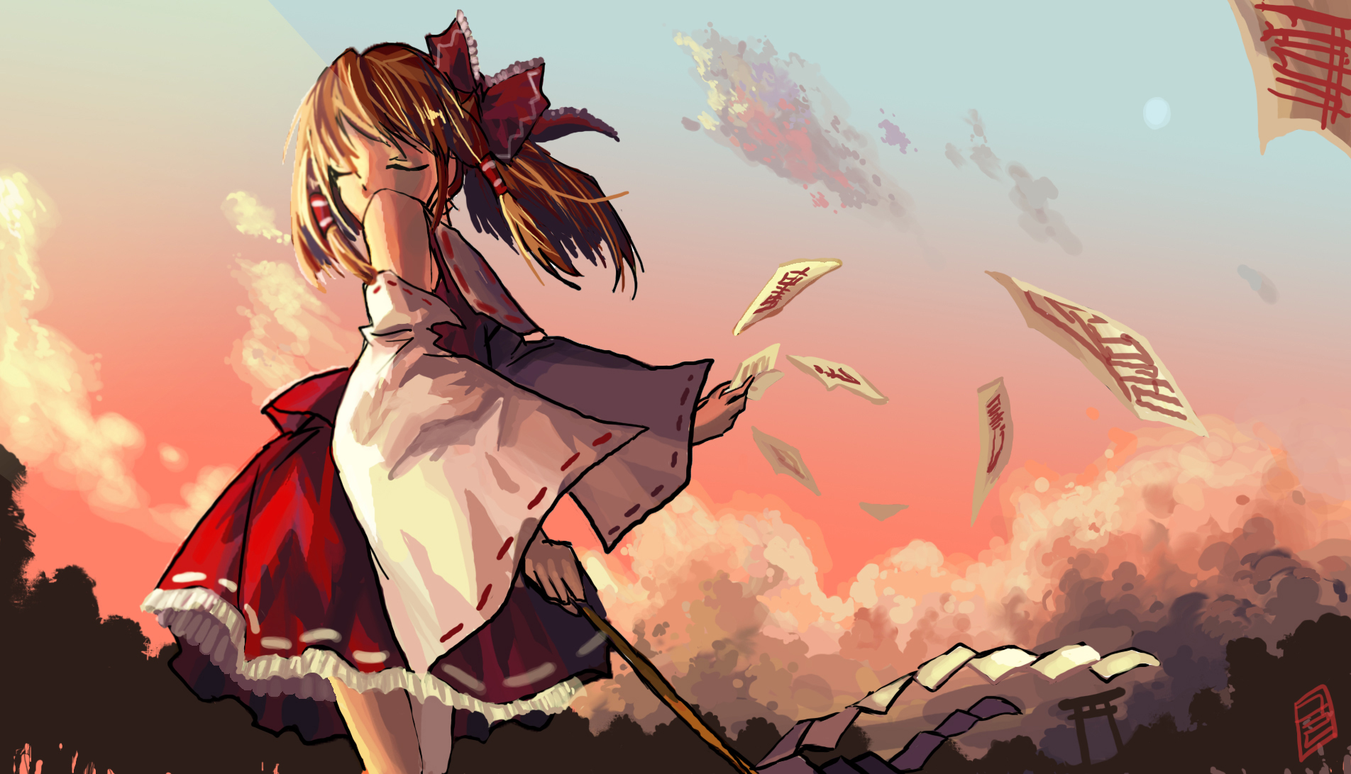 kaki, hakurei reimu, touhou, highres, 1girl, brown hair, closed eyes, cloud, detached sleeves, dusk, female focus, from below, japanese clothes, miko, nature, outdoors, plant, ribbon, sky, solo, torii