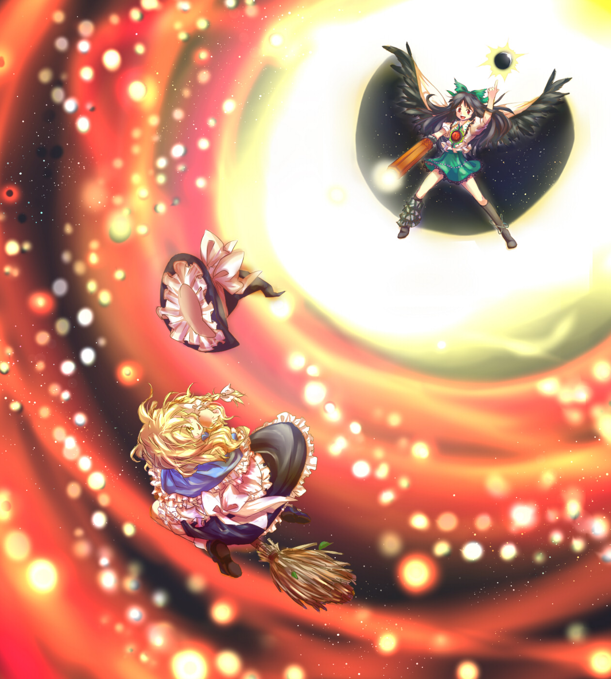 enone, kirisame marisa, reiuji utsuho, subterranean animism, touhou, highres, 2girls, arm cannon, battle, black sun, black wings, blonde hair, bow, braid, broom, cape, danmaku, female focus, frills, hair bow, hat, kneehighs, long hair, multiple girls, open mouth, pointing, red eyes, smile, socks, sun, unworn hat, unworn headwear, weapon, wings, witch, witch hat, yellow eyes