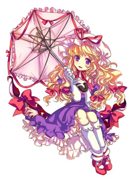 enone, yakumo yukari, touhou, 1girl, blonde hair, blue eyes, bow, dress, elbow gloves, female focus, floating, full body, gap (touhou), gloves, hair bow, hat, hat ribbon, kneehighs, long hair, multiple hair bows, parasol, purple dress, purple eyes, ribbon, simple background, socks, solo, umbrella, white background, white gloves, white socks