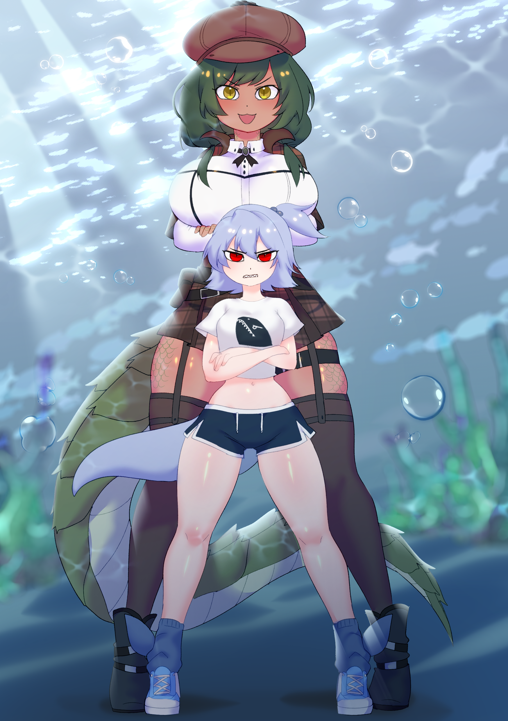 twibli1, original, absurdres, commission, commissioner upload, highres, 2girls, alligator girl, breasts, crocodilian tail, crossed arms, garter straps, green hair, grey hair, hat, height difference, large breasts, looking at viewer, midriff, multiple girls, red eyes, reptile girl, salina (teuthidan), short shorts, shorts, standing, tail, thigh strap, thighhighs, underwater, vita (teuthidan), yellow eyes