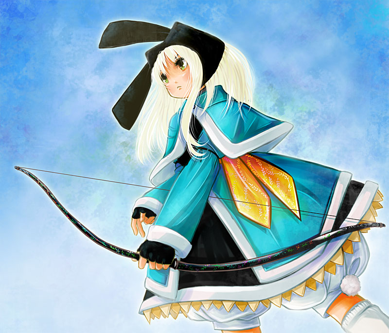 kubozuka pikurou, character request, animal ears, bloomers, bow (weapon), fingerless gloves, gloves, hood, rabbit ears, solo, thighhighs, underwear, weapon, white hair