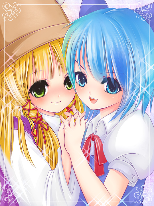 kubozuka pikurou, cirno, moriya suwako, touhou, 2girls, blonde hair, blue eyes, blue hair, blush, female focus, green eyes, hat, holding hands, multiple girls, ribbon