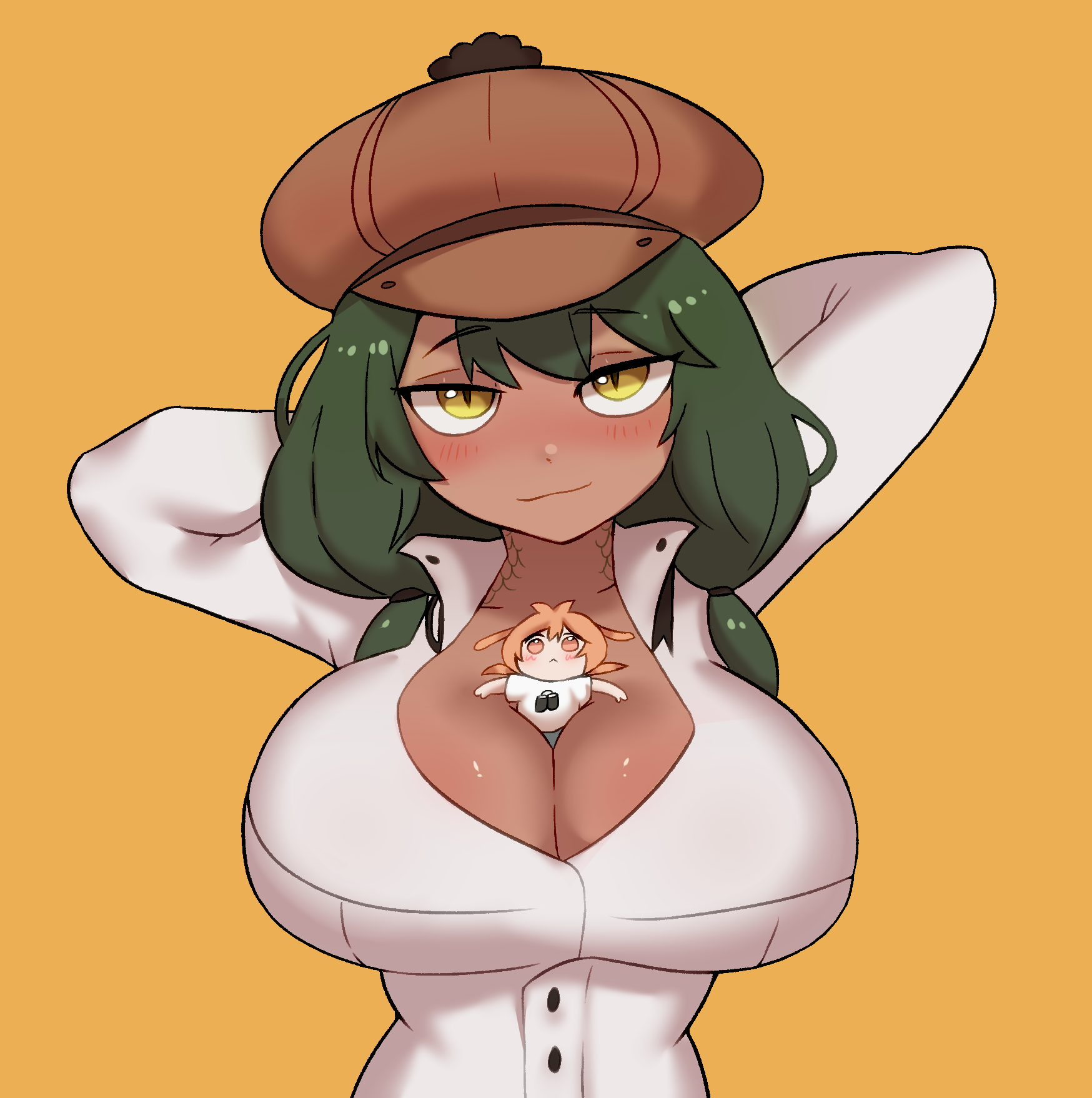 twibli1, pepper (teuthidan), original, commission, commissioner upload, highres, alligator girl, arms behind head, blush, breasts, cleavage, crocodilian tail, dark-skinned female, dark skin, green hair, hat, large breasts, looking at viewer, mini person, orange eyes, orange hair, person between breasts, scales, shrimp girl, tail, vita (teuthidan), yellow eyes