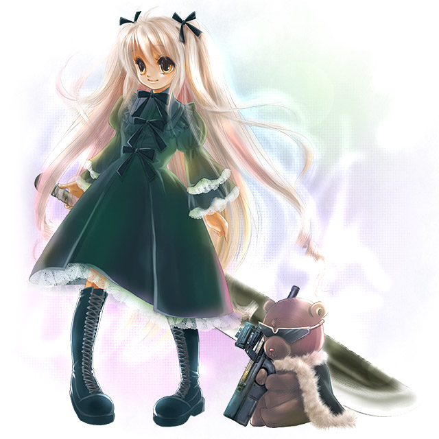 kubozuka pikurou, boots, bullpup, cape, gothic lolita, gun, horizontal magazine, knee boots, lolita fashion, long hair, p90, personal defense weapon, ribbon, see-through clothes, solo, stuffed animal, stuffed toy, submachine gun, sunglasses, suppressor, sword, teddy bear, translucent, weapon