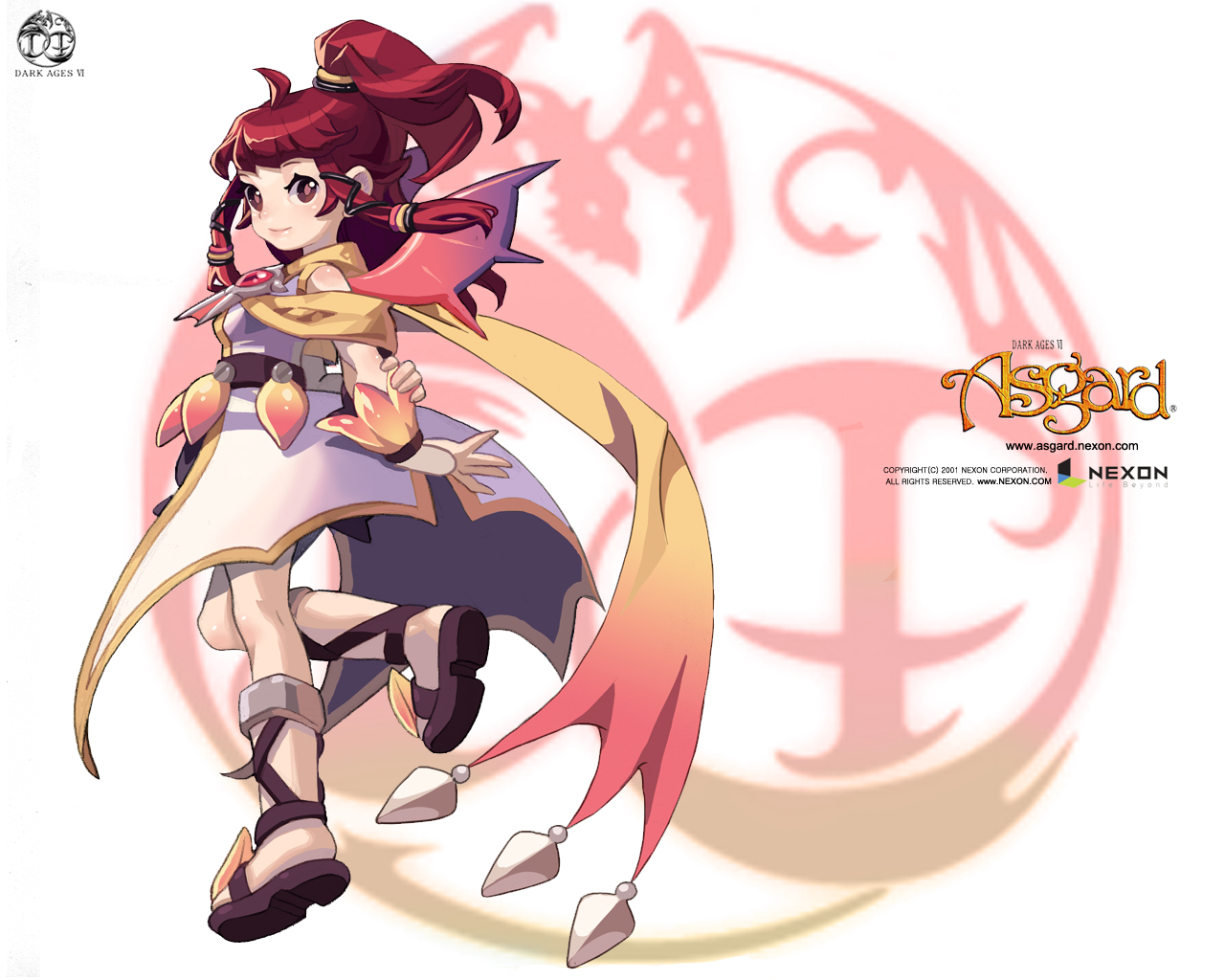 bf. (sogogiching), asgard, nexon, character request, official art, official wallpaper, second-party source, 1girl, 2001, ahoge, arm behind back, back slit, belt, breasts, brown belt, brown sandals, closed mouth, coat, company name, copyright name, dated, full body, gem, gladiator sandals, gradient scarf, gradient wings, hair tie, half updo, high ponytail, knee blush, leg up, light smile, lips, logo, long hair, looking at viewer, medium breasts, multicolored wings, orange scarf, pink pupils, ponytail, purple wings, red eyes, red gemstone, red wings, sandals, scarf, short bangs, simple background, sleeveless, sleeveless coat, solo, two-tone scarf, two-tone wings, watermark, web address, white background, white coat, wings, yellow scarf